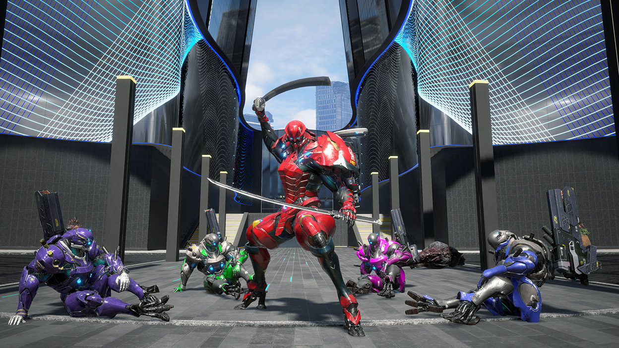 A red exosuit poses with swords, four exosuits sit around.