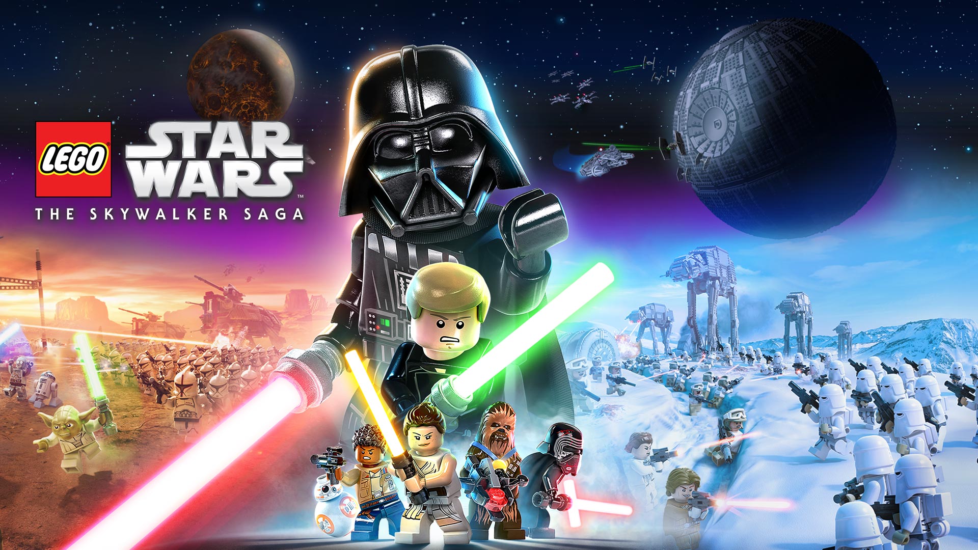 LEGO Starwars The Skywalker Saga, koláž postav s vesmírnými bitvami na pozadí. 