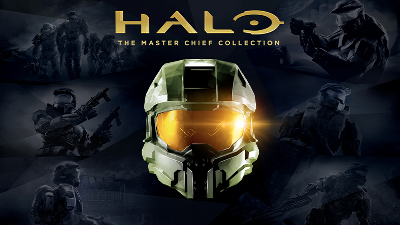 Halo: The Master Chief Collection, 과거 Halo 시리즈의 게임 아트를 배경으로 놓인 Master Chief의 헬멧 앞모습.