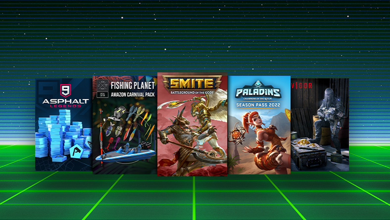 Box art from games add-ons that are part of the Free to Play Sale, including Asphalt 9 – 3,000 Tokens, SMITE Ultimate God Pack Bundle, and Paladins Season Pass 2022.