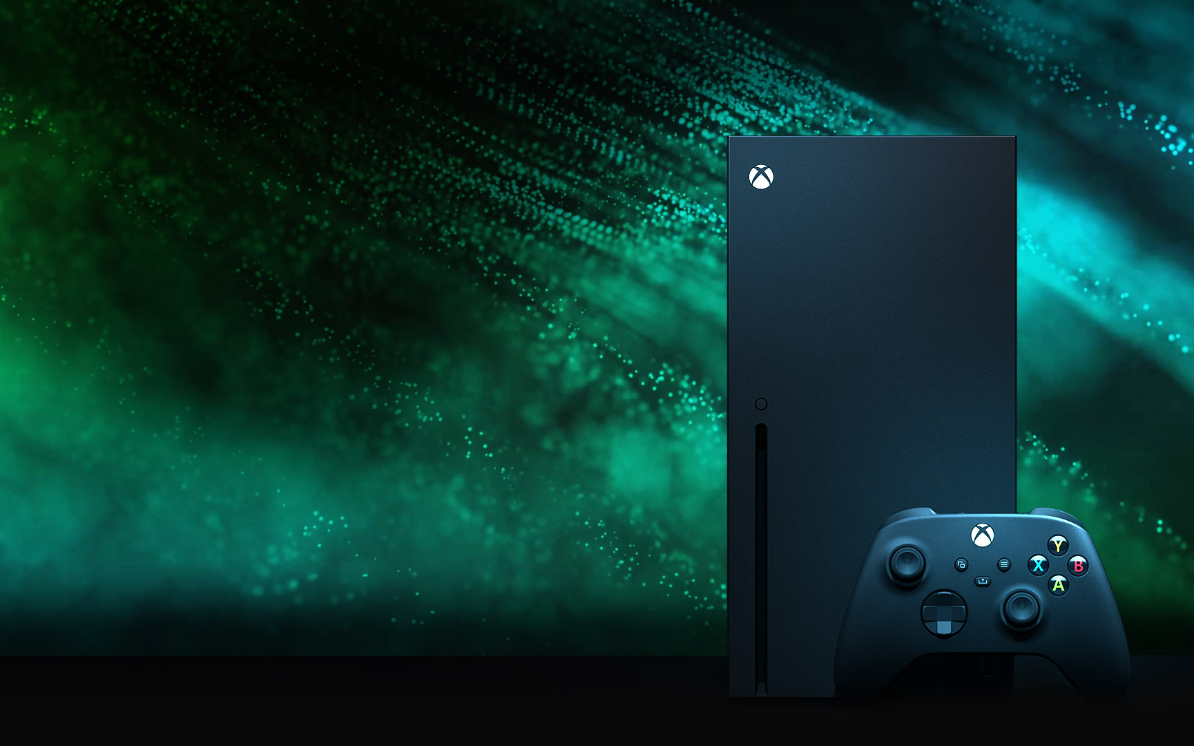 Xbox Series X console with Xbox controller. Animated background of characters from Starfield, Redfall, and Diablo IV.