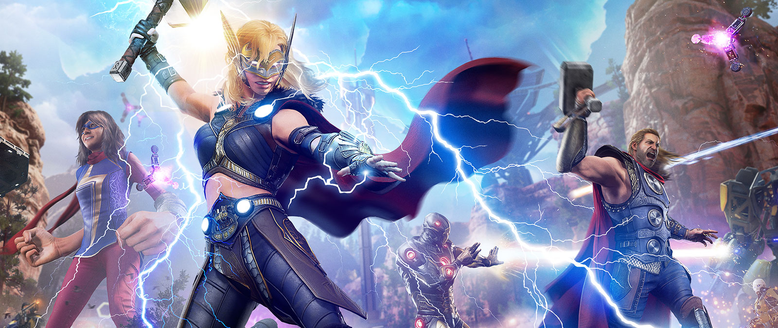 Jane Foster, a Poderosa Thor, solta um raio em um inimigo mecânico.