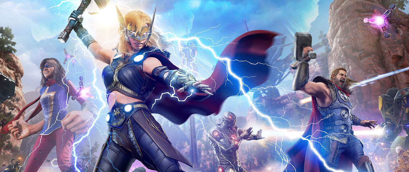 Jane Foster, alias Mighty Thor, libère un éclair sur un ennemi mécanique.