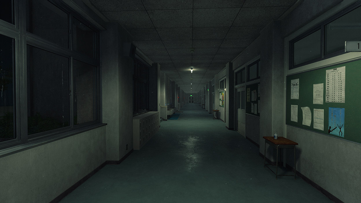 An empty school hallway at night.