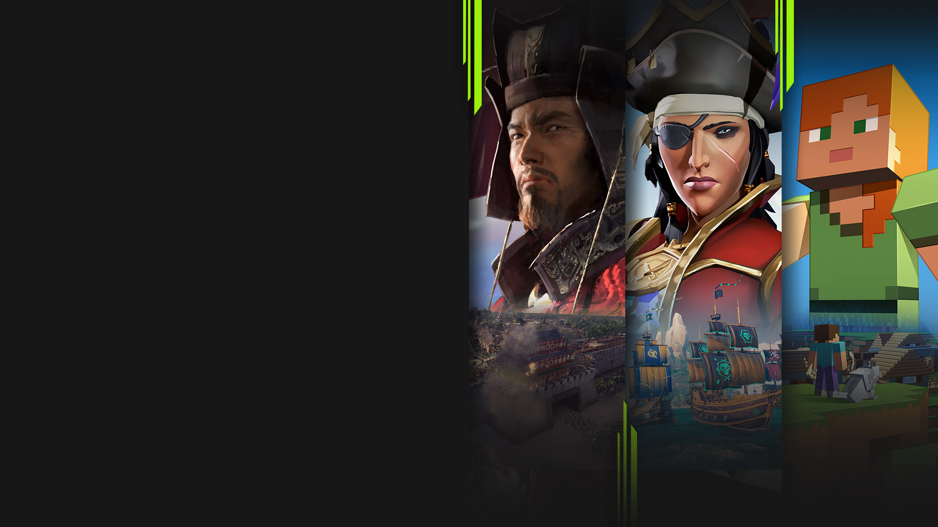 Imágenes de varios juegos disponibles con PC Game Pass, entre los que se incluyen Total War: Three Kingdoms, Sea of Thieves, Minecraft y Fallout 76.