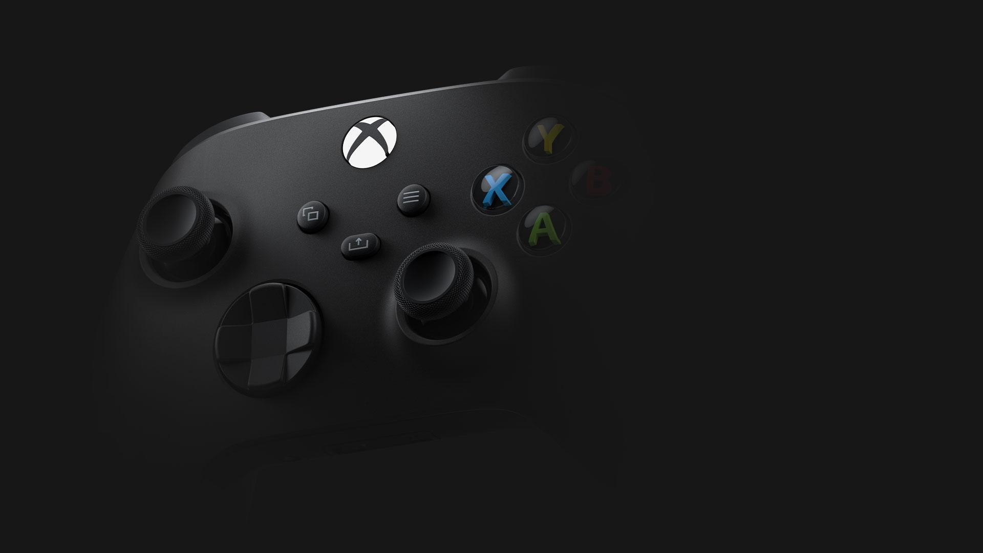 A szénfekete Xbox vezeték nélküli kontroller elülső nézete