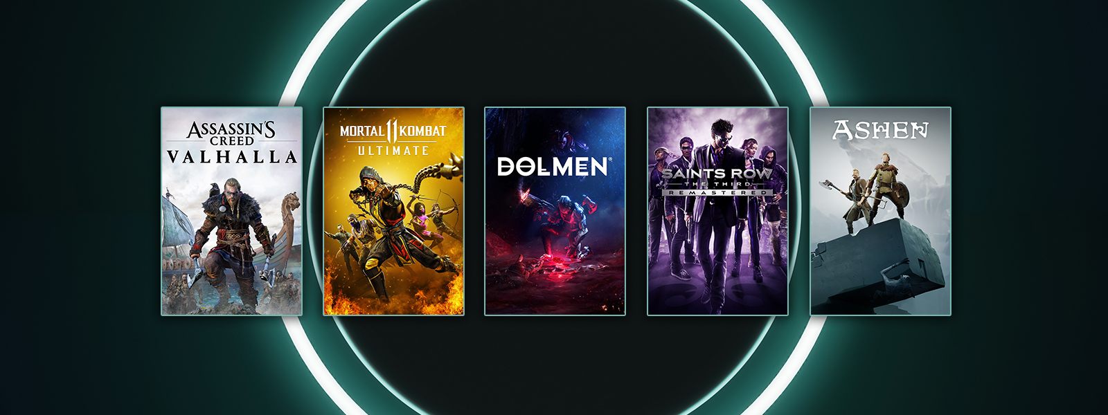 Box art from games that are part of the Publisher Spotlight Series, including Assassin’s Creed Valhalla, Dolmen, and Ashen.