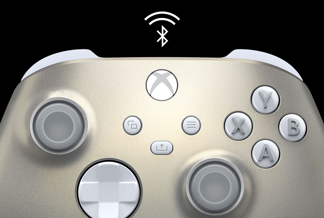 Kontroler bezprzewodowy Xbox w wesji specjalnej Lunar Shift w zbliżeniu razem z ikoną Bluetooth