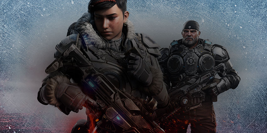 Gears 5, Kait Diaz és Marcus Fenix hatalmas fegyverekkel egy jeges jelenetben