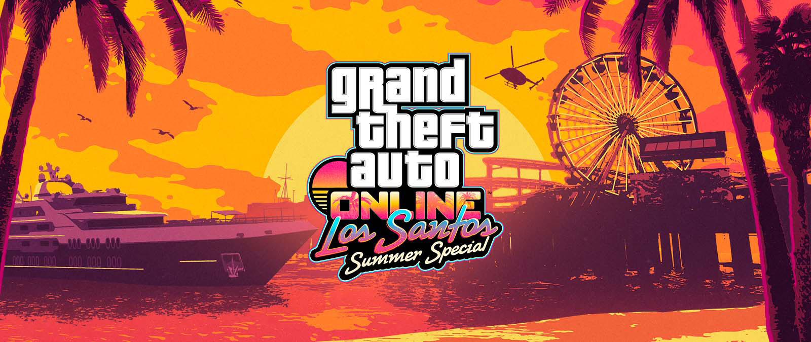 Grand Theft Auto Online。Los Santos Summer Special。日落時的遊艇、摩天輪和直升機