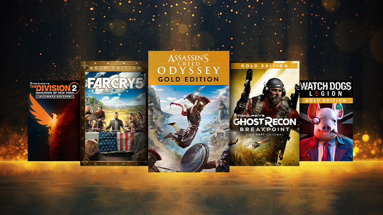 Box art from games that are part of the Ubisoft Open World Sale, including Far Cry®5 Gold Edition, Assassin's Creed® Odyssey - GOLD EDITION, and Watch Dogs®: Legion Gold Edition