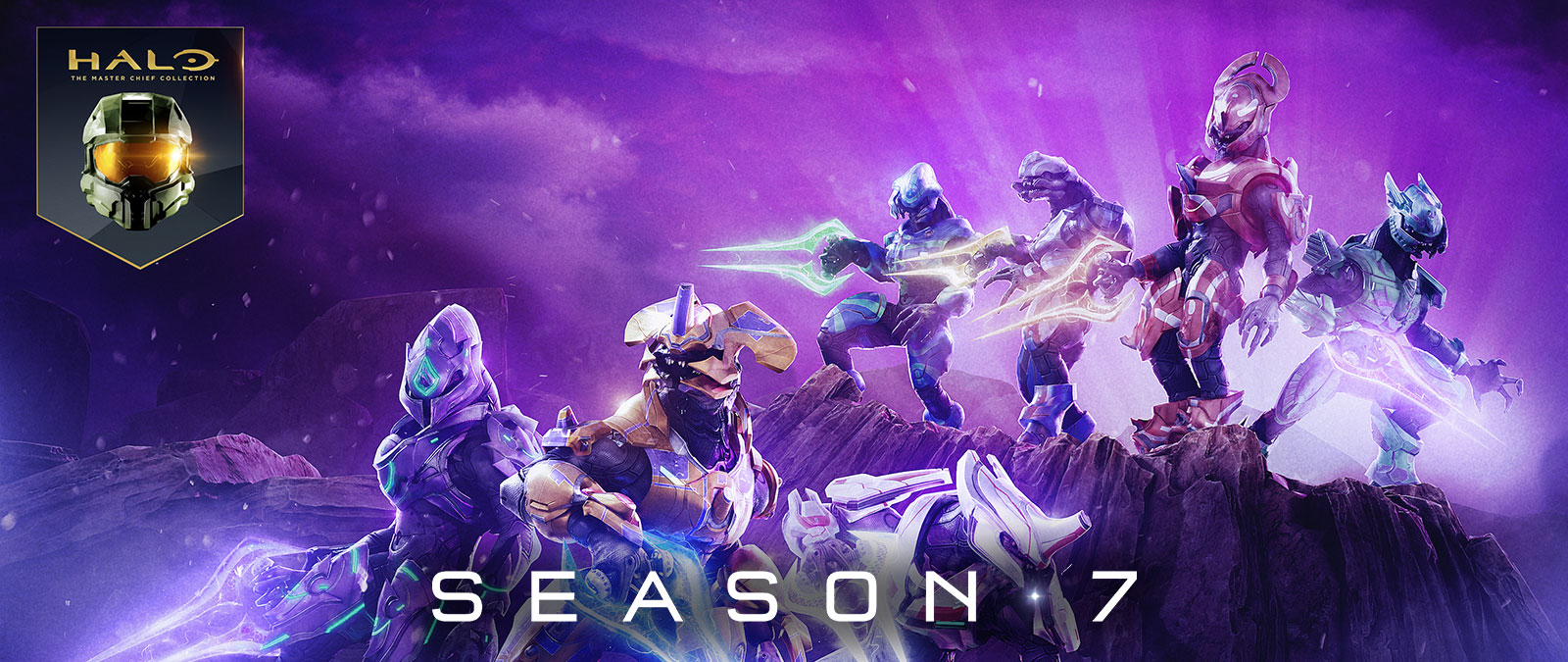 Halo: «Коллекция Мастера Чифа», сезон 7, несколько элитных бойцов позируют в разных доспехах и держат энергетические мечи разного цвета