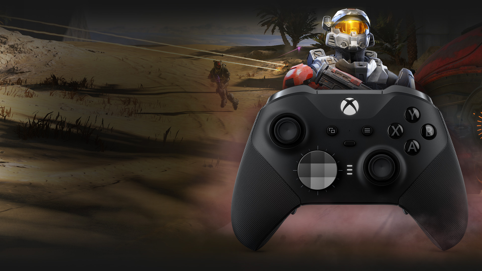 Xbox Elite ワイヤレス コントローラー シリーズ 2 の背後に立つマルチプレイヤー モードのスパルタン。背景の砂漠で雌雄を決する 2 つのチームのスパルタン。