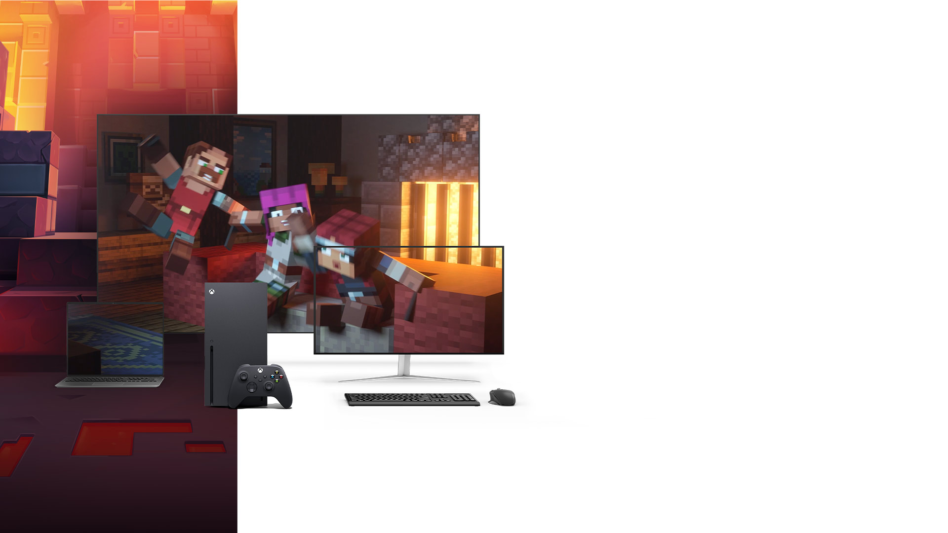 Xbox Series X-Konsole neben einem Laptop, einem PC-Monitor und einem Fernseher, der Minecraft Dungeons zeigt
