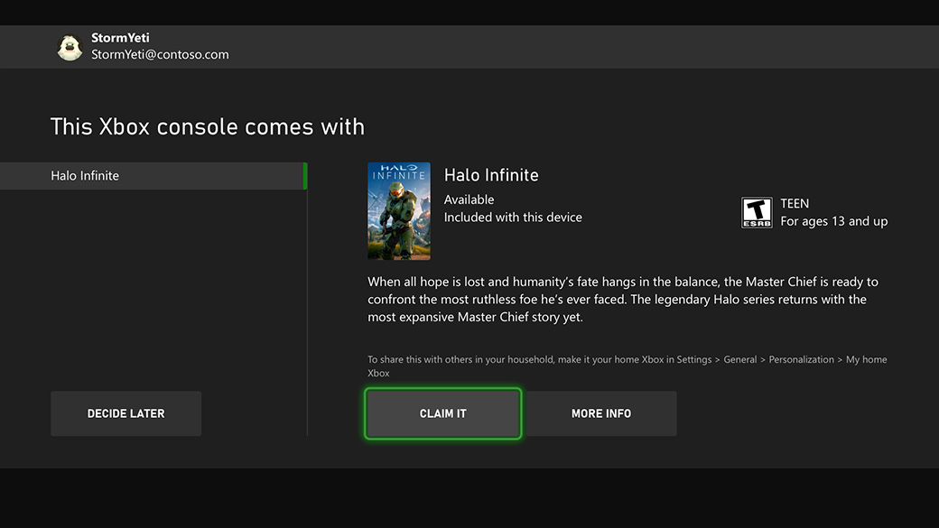 Écran de configuration Xbox avec jeu et services à réclamer