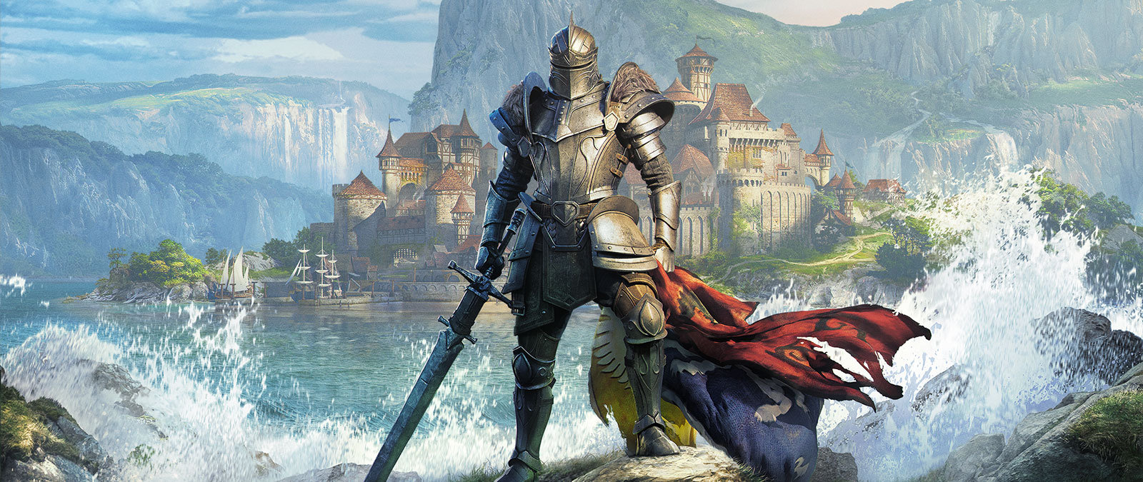 An armored warrior stands on a rocky precipice overlooking an island castle.