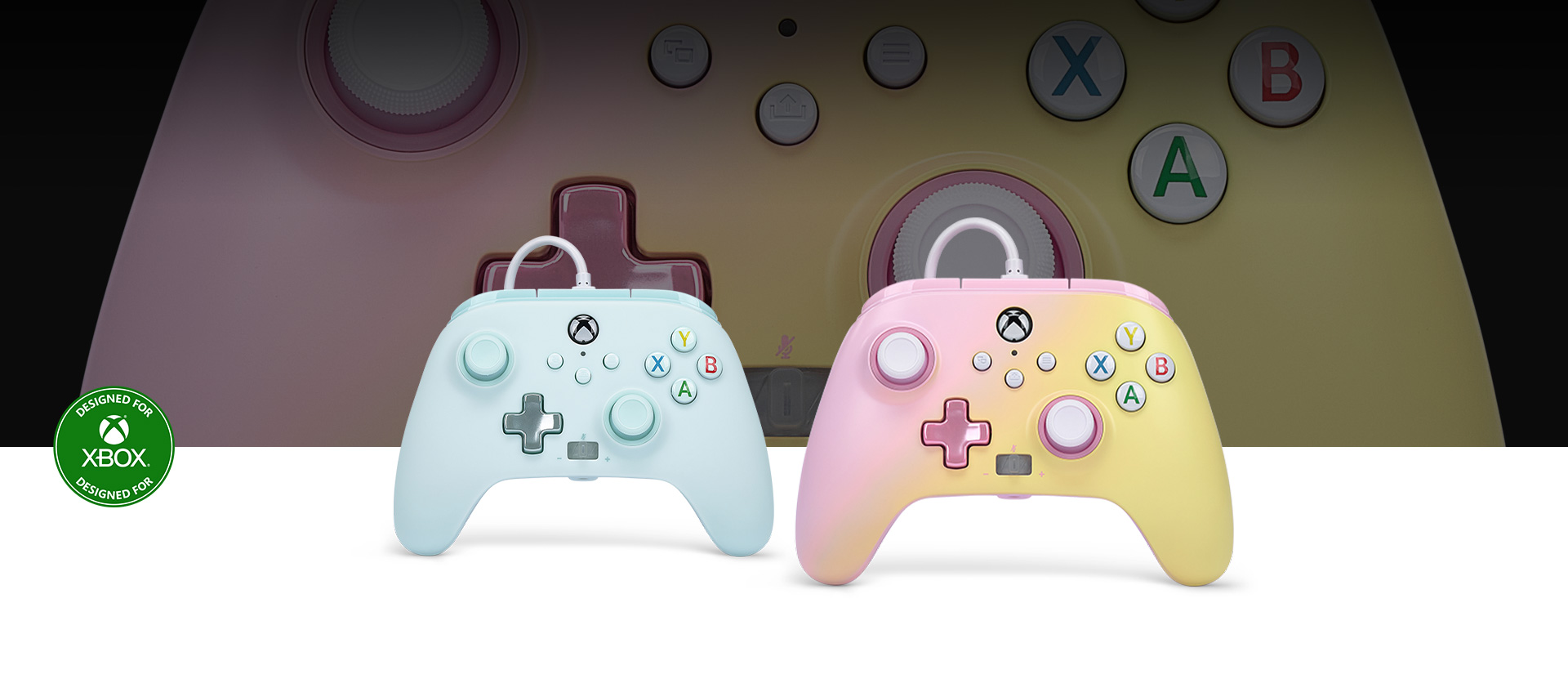Designed for Xbox logo, Pink Lemonade controller in front with the Cotton Candy Blue controller beside it