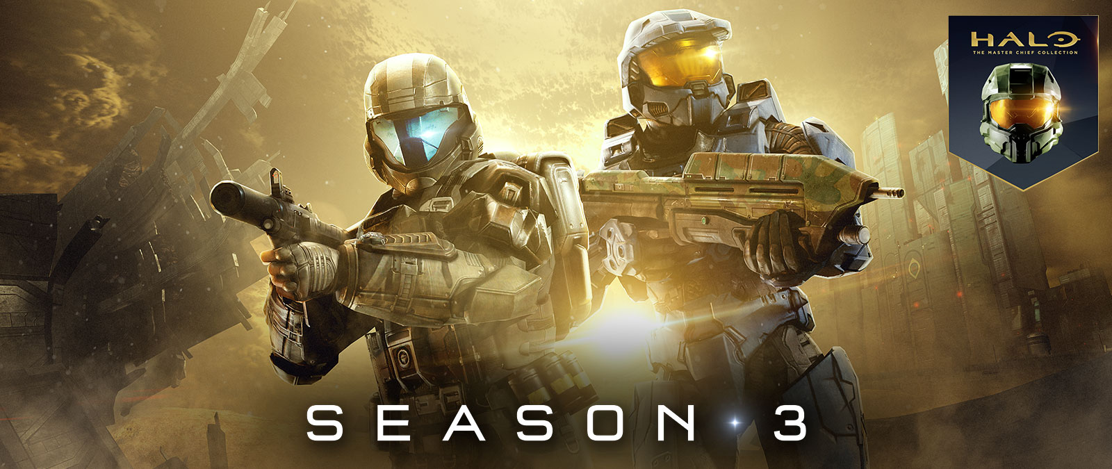 Halo: The Master Chief Collection, Temporada 3, um Orbital Drop Shock Trooper e Master Chief seguram armas prontas para disparar