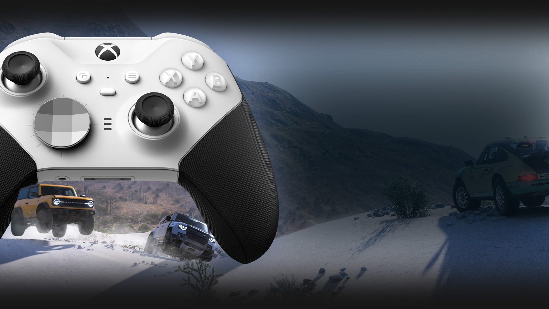 Ford Bronco a Land Rover Defender pretekajú po snehu pod bezdrôtovým ovládačom Xbox Elite Series 2 – Core (biely).