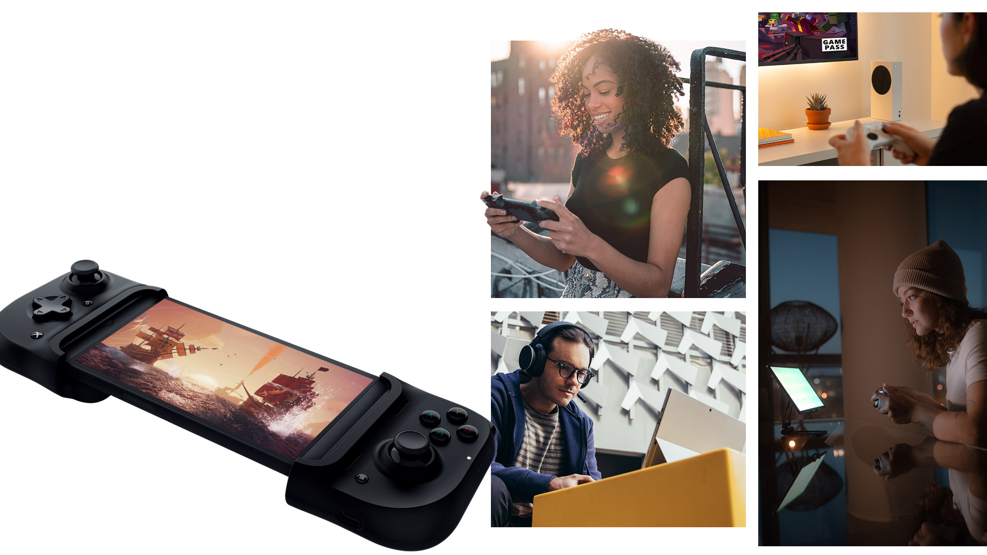 Pessoas jogando em dispositivos, incluindo um notebook Surface, um Xbox Series S, um tablet e um telefone.