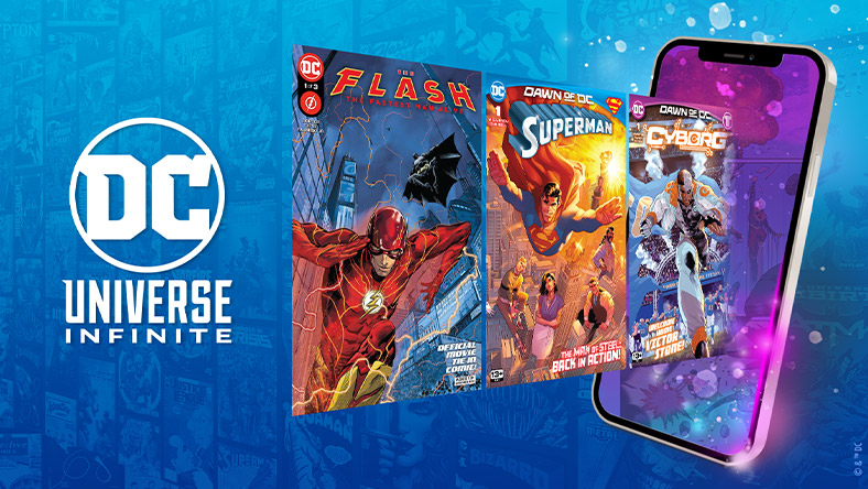 DC Universe Infinite, The Flash, Superman, and Cyborg comic books emerging from a mobile phone