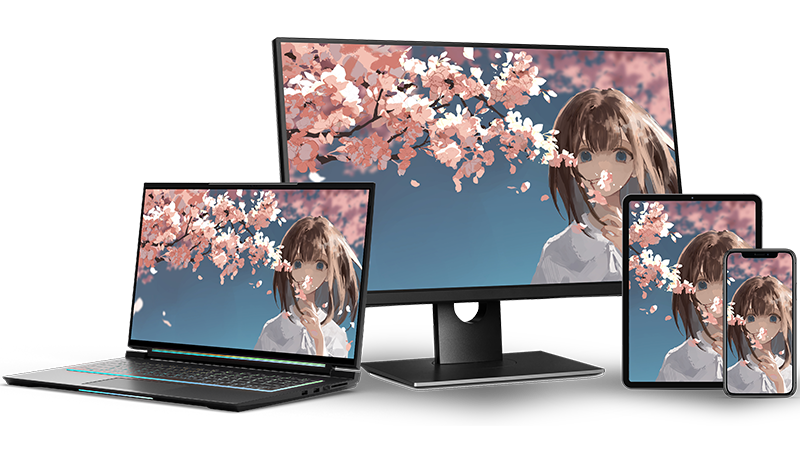 Anime Month's key visual - the anime character standing alongside the cherry blossom - shown as a wallpaper on a laptop, tablet, screen, and mobile device