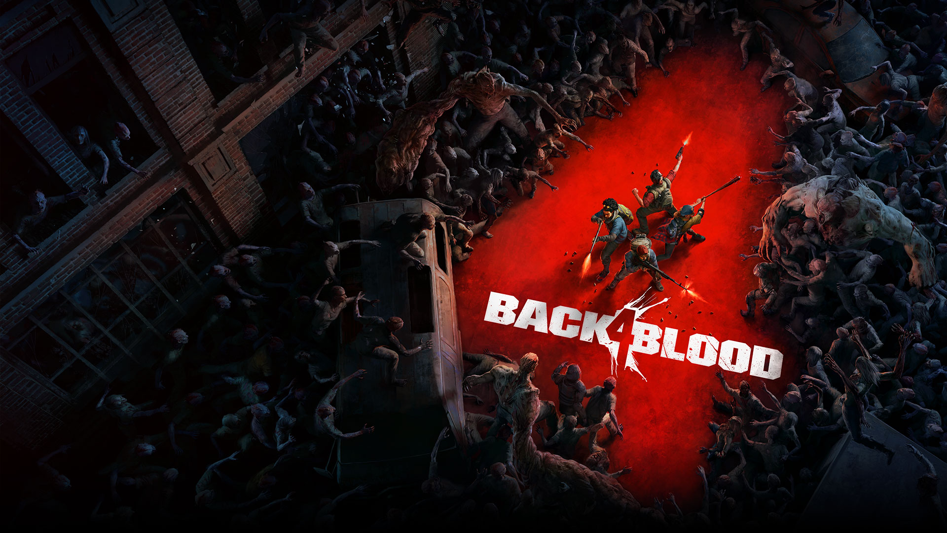 Back 4 Blood, A horde of zombies in the shape of a number 4 surrounds a group of characters.