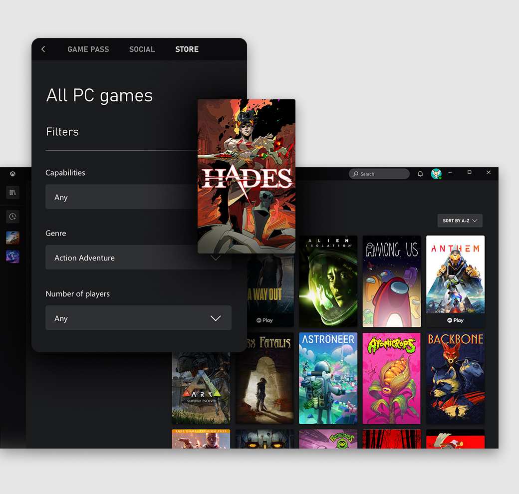 Приложение Xbox для пользовательского интерфейса ПК с Windows, показывающее вкладку 