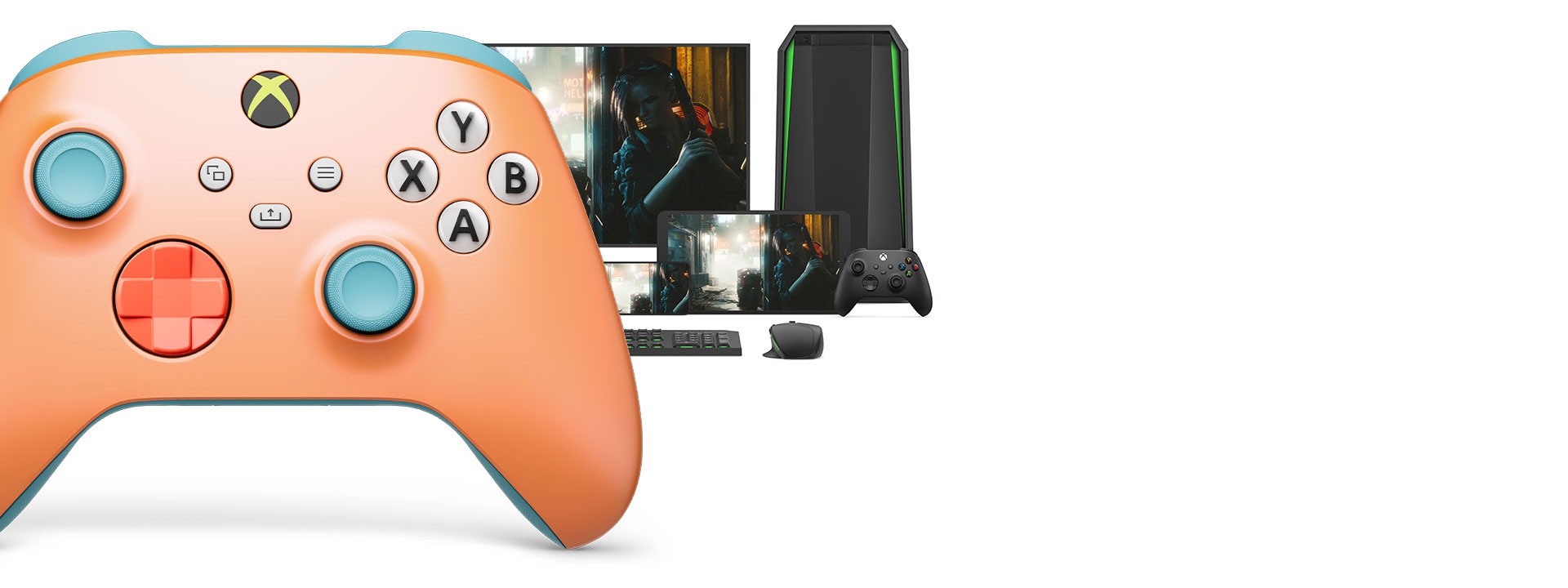 Ansicht der rechten Seite des Xbox Wireless Controller – Sunkissed Vibes OPI Special Edition von vorne mit verschiedenen spielbaren Plattformen dahinter.