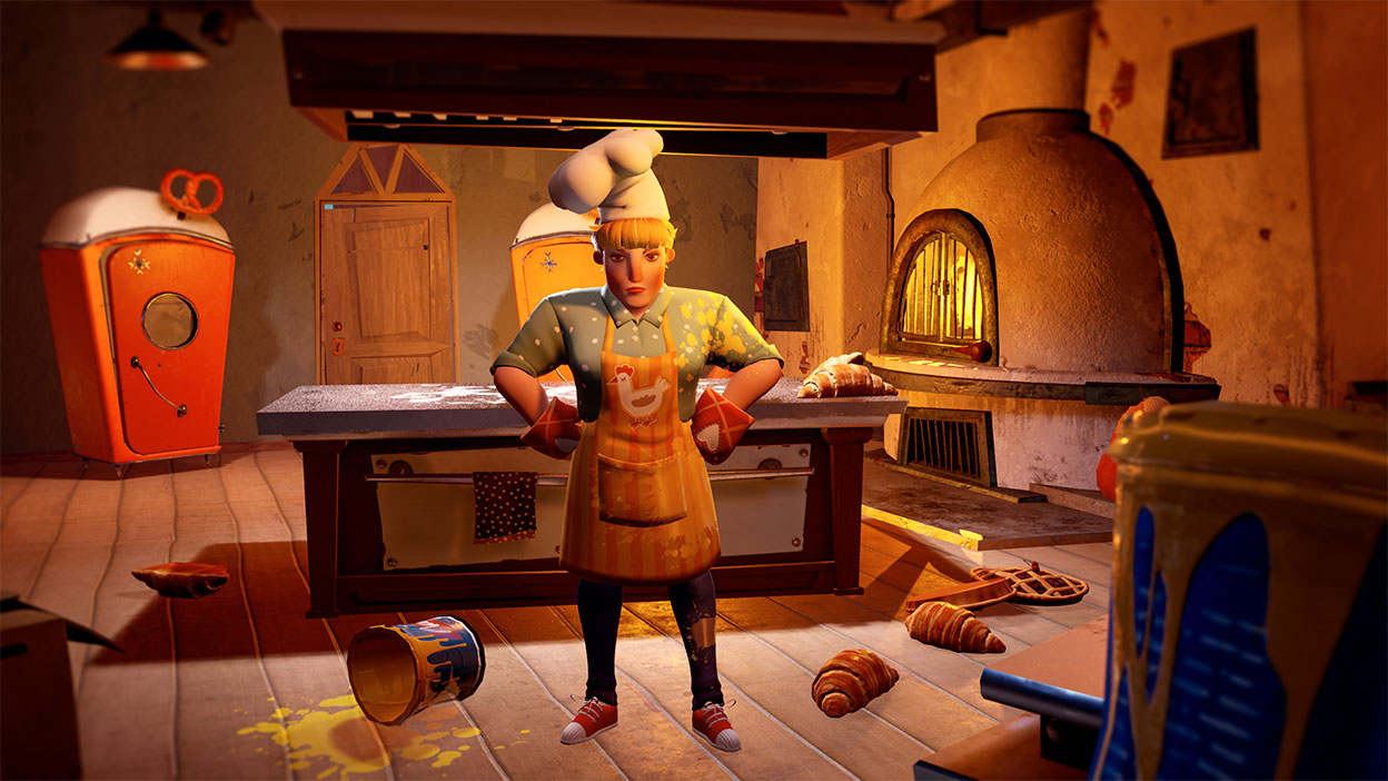 Een lange bakker met een kippenschort kijkt de speler boos aan, met een rommelige keuken op de achtergrond. 