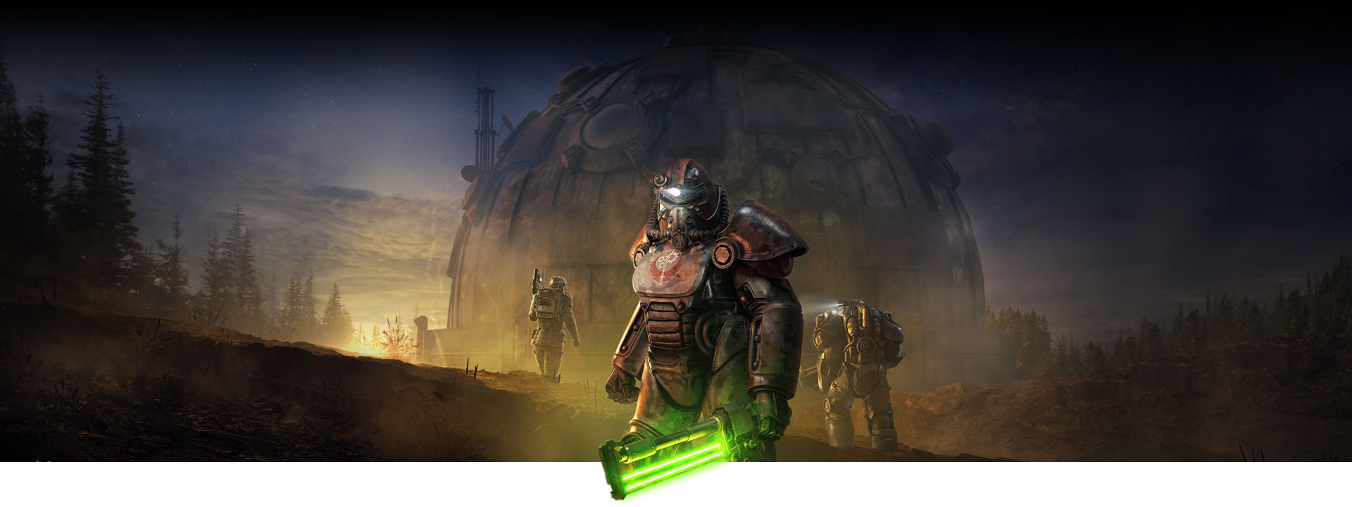 Karakter i Power Armor holder et glødende melévåpen foran en stor kuppelbygning