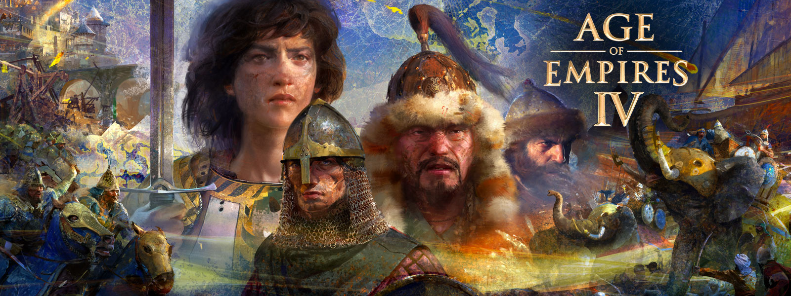 Age of Empires IV. Vier personages met oorlogstaferelen, olifanten en mannen op paarden rondom hen op een kaartachtergrond