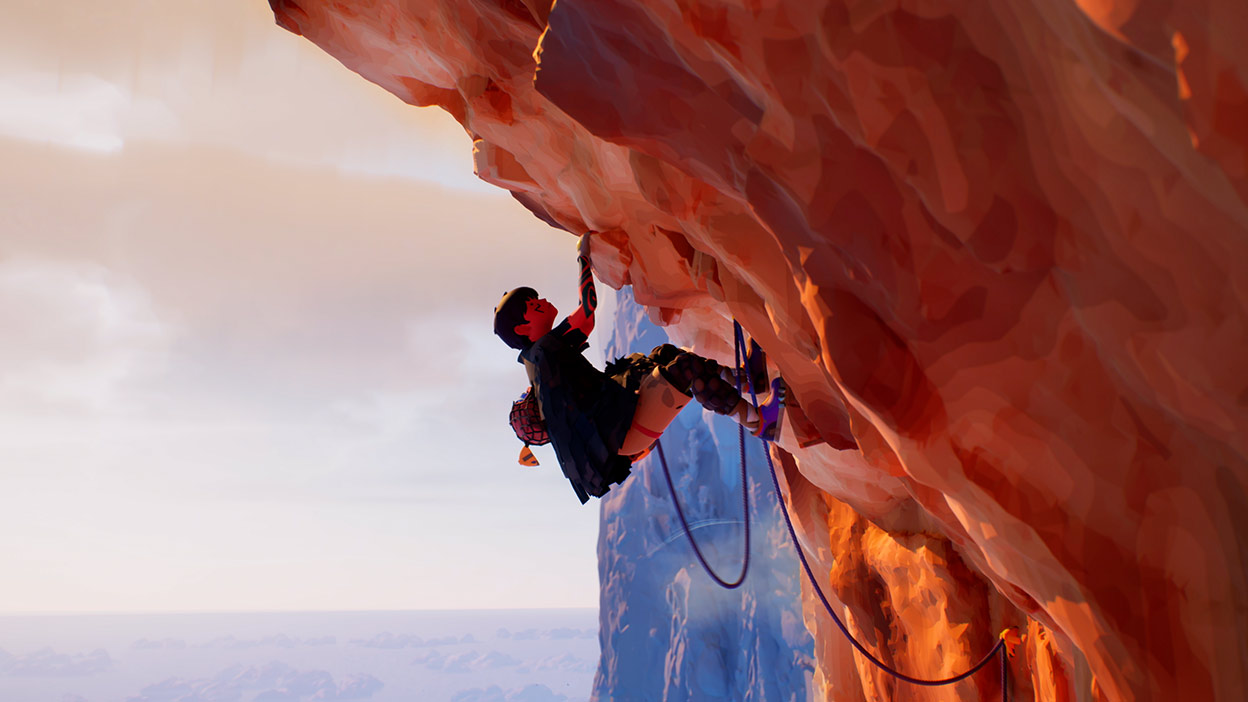 Un personnage escaladant le flanc d’une montagne.