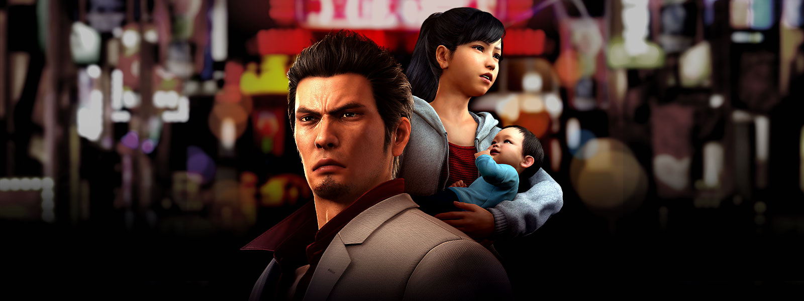 Kazuma, Haruka och baby Haruta mot en stadsbakgrund.