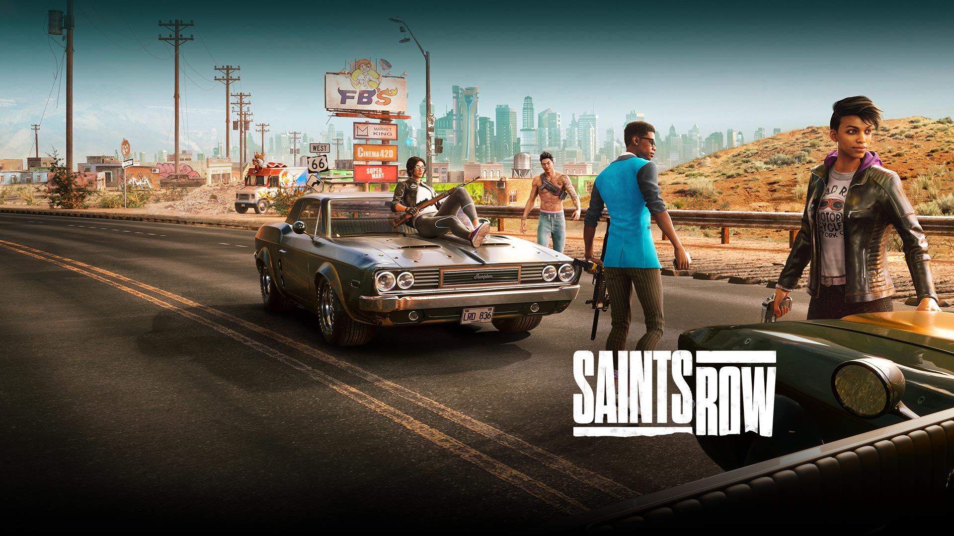 Saints Row, Quatro personagens posando ao lado de muscle cars na frente de uma parada de descanso na Rota 66.