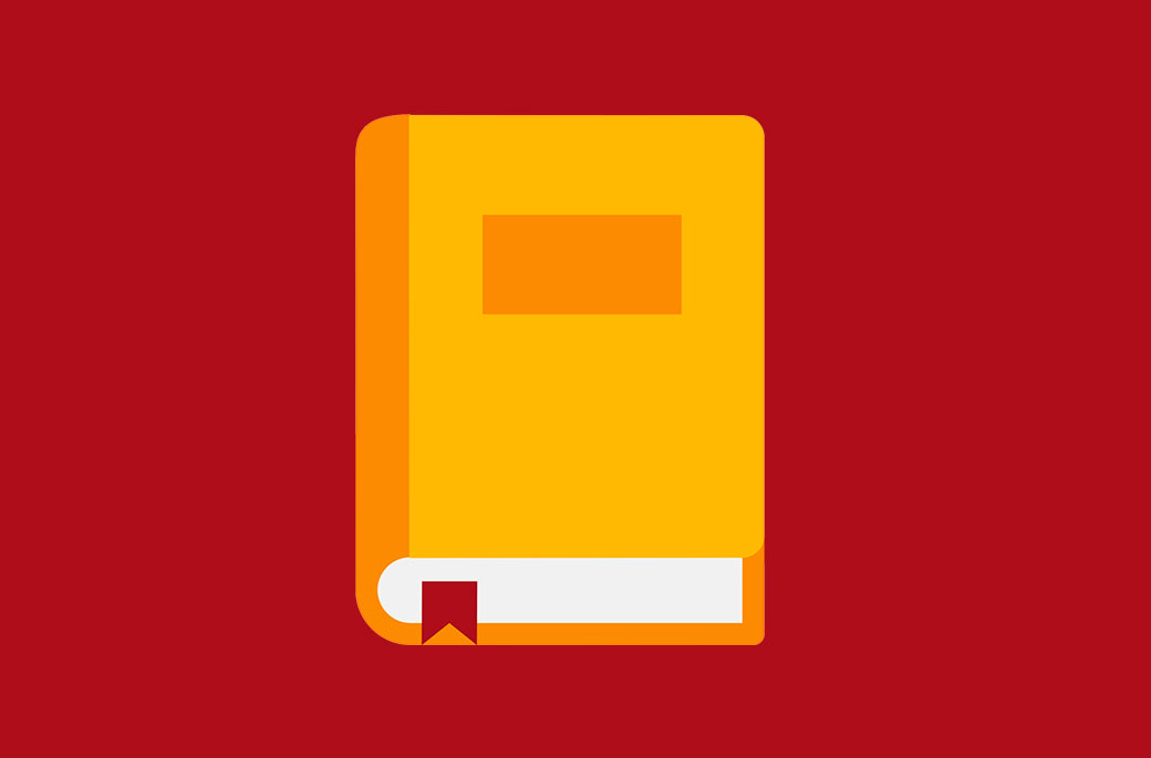 An orange book with a red ribbon bookmark hanging out the bottom