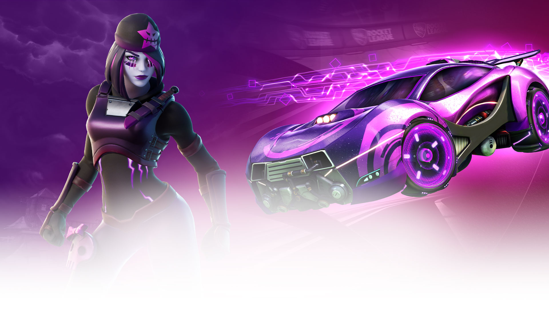 Персонаж Fortnite позирует рядом с автомобилем Rocket League, оба оснащены предметами Midnight Drive Pack.