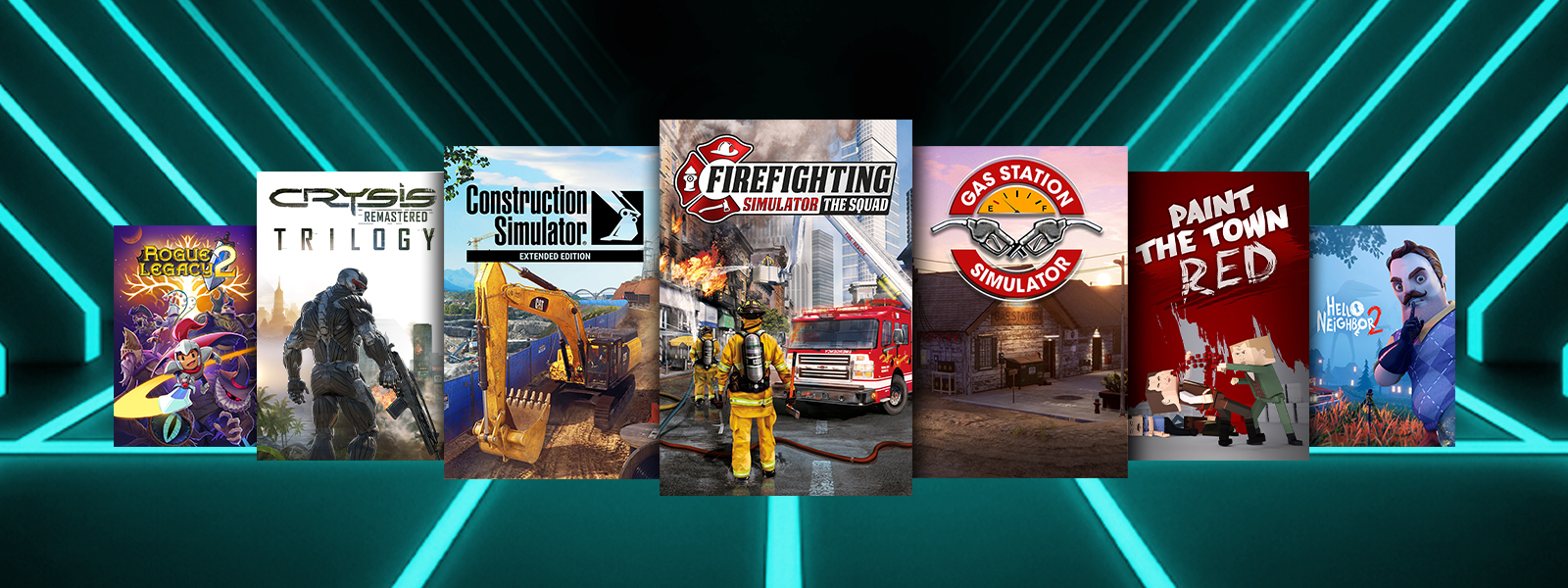 Box art from games that are part of the ID@Xbox Super Mega Sale, including Firefighting Simulator - The Squad, Construction Simulator - Extended Edition, and Gas Station Simulator.