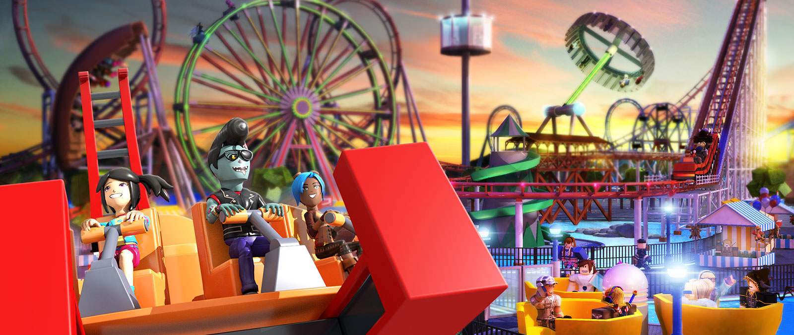 Karaktärer från Roblox på ett nöjesfält med berg-och dalbana och pariserhjul i bakgrunden i Theme Park Tycoon