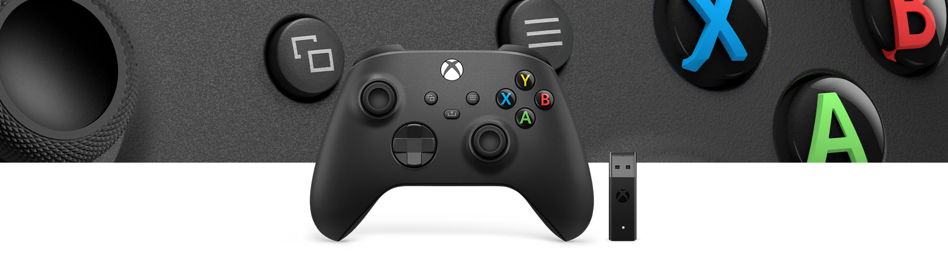 Xbox 無線控制器 + Windows 10 專用無線轉接器，以及控制器表面紋路的特寫