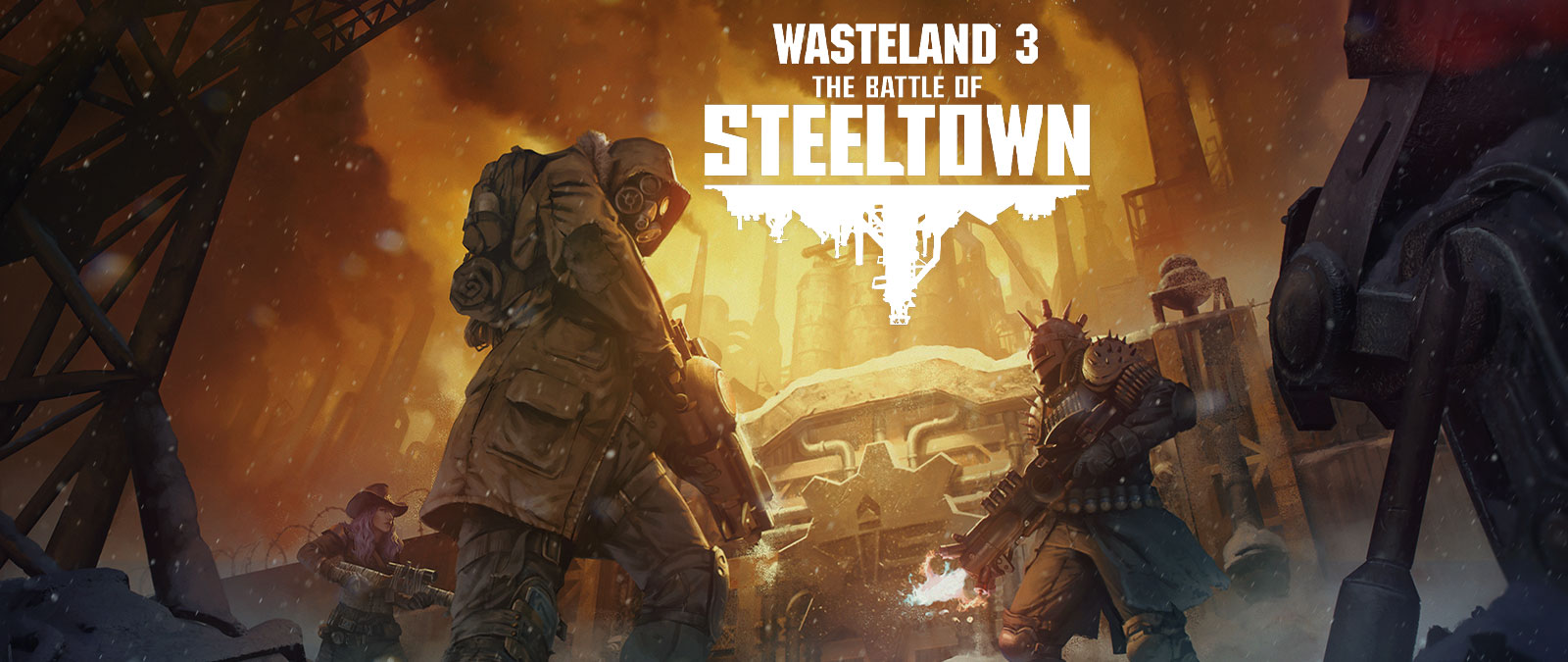 Wasteland 3: The Battle of Steeltown. Drie personages met wapens en bepantsering voor een deur met een industriële achtergrond