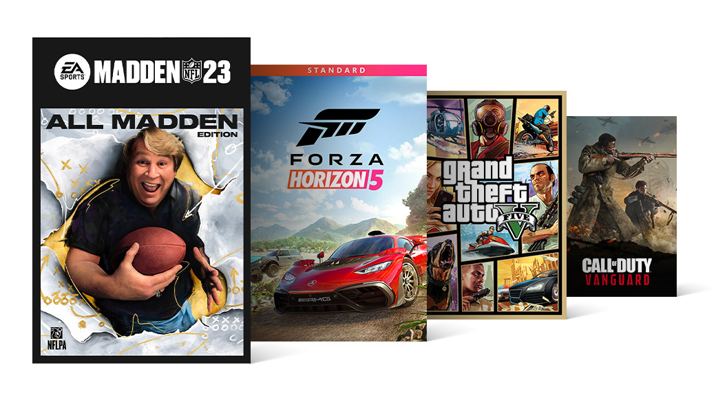 A lineup of games including Madden NFL 23, Forza Horizon 5, Grand Theft Auto V, and Call of Duty: Vanguard