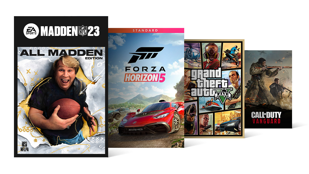 Een reeks games, waaronder Madden NFL 23, Forza Horizon 5, Grand Theft Auto V en Call of Duty: Vanguard