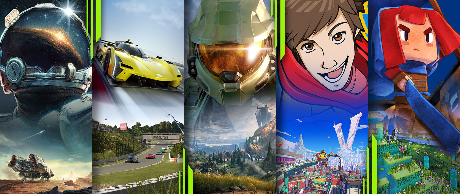 Mosaico de Starfield, Forza Motorsport, Minecraft Legends, Halo Infinite y Hi-Fi RUSH.