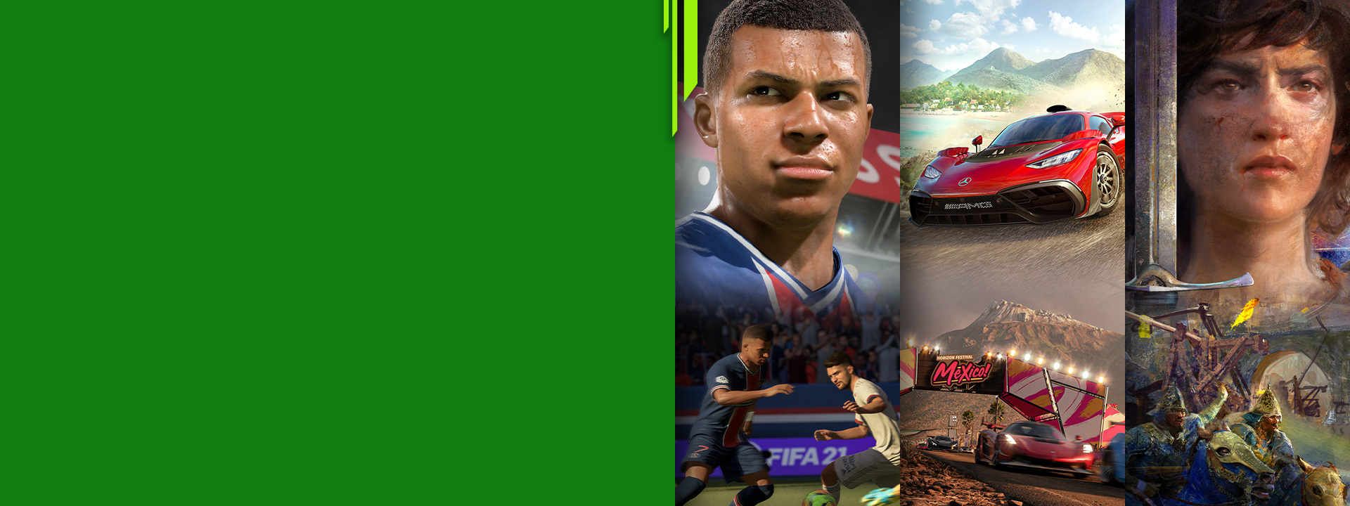 Front view of different Xbox game characters from FIFA 21, Forza Horizon 5, and Age of Empires IV.