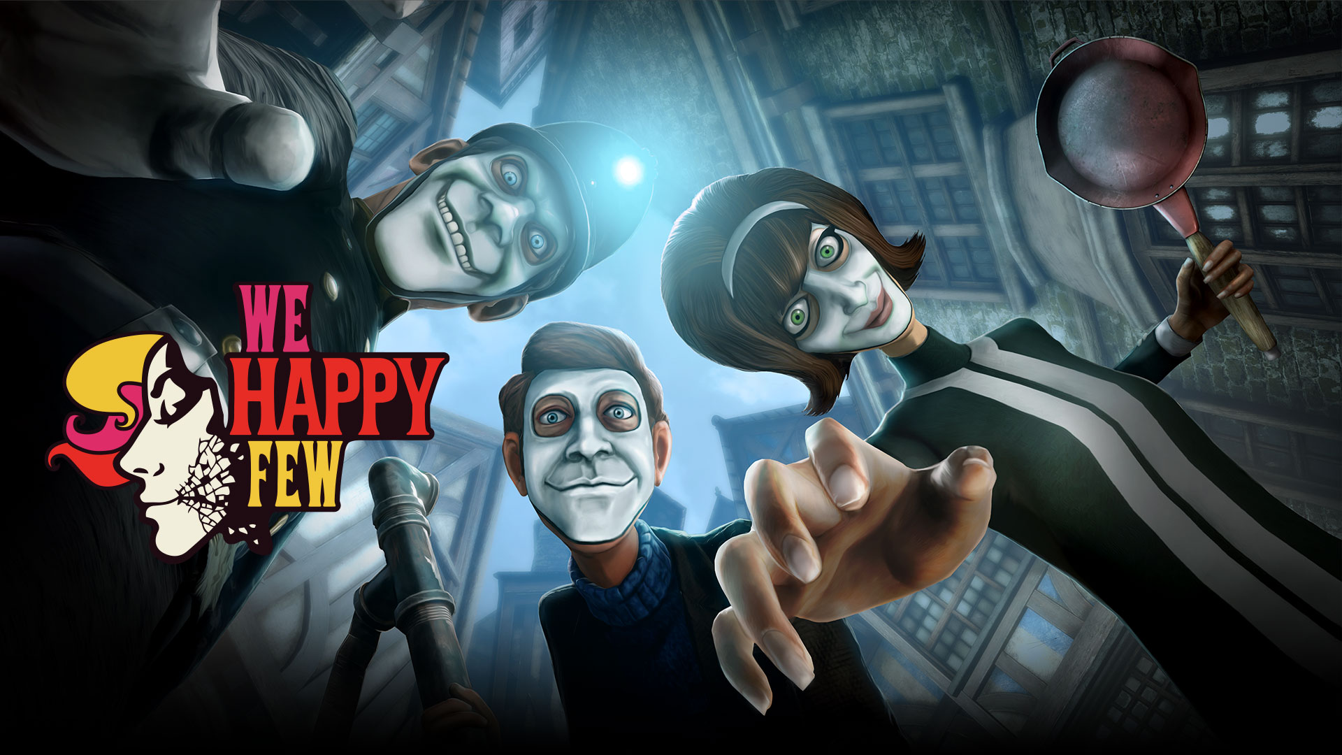 We Happy Few. Beyaz gülümseyen maskeler takan bir wellie ve iki karakter yukarıdan size bakıyor