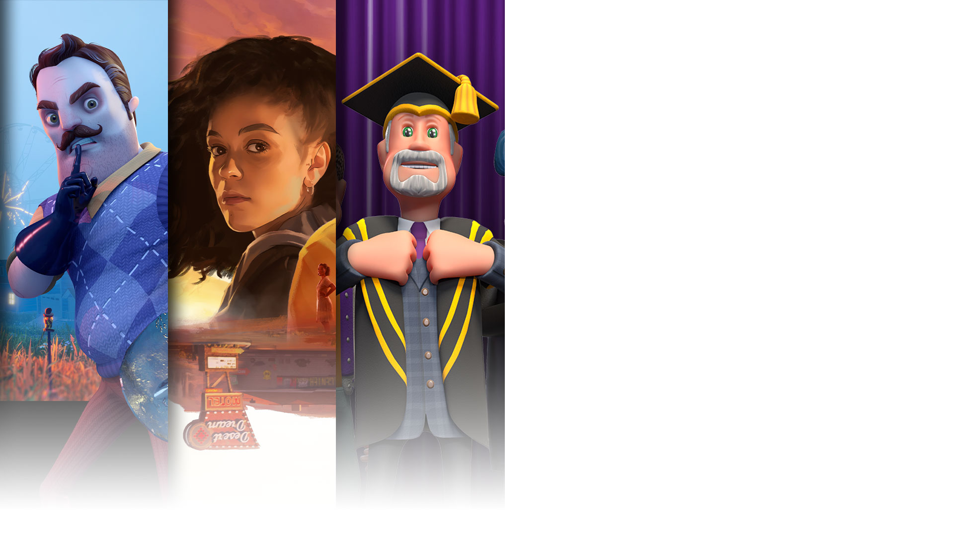 A collage of characters from Hello Neighbor 2, As Dusk Falls, and Two Point Campus