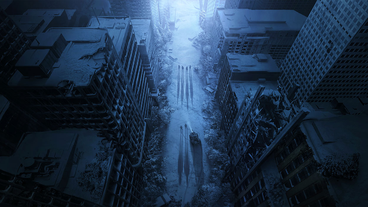 Bir grup Ranger ve bir tank yıkıntılar arasında terk edilmiş bir şehrin karla kaplı bir sokağında kendilerine yol açıyor