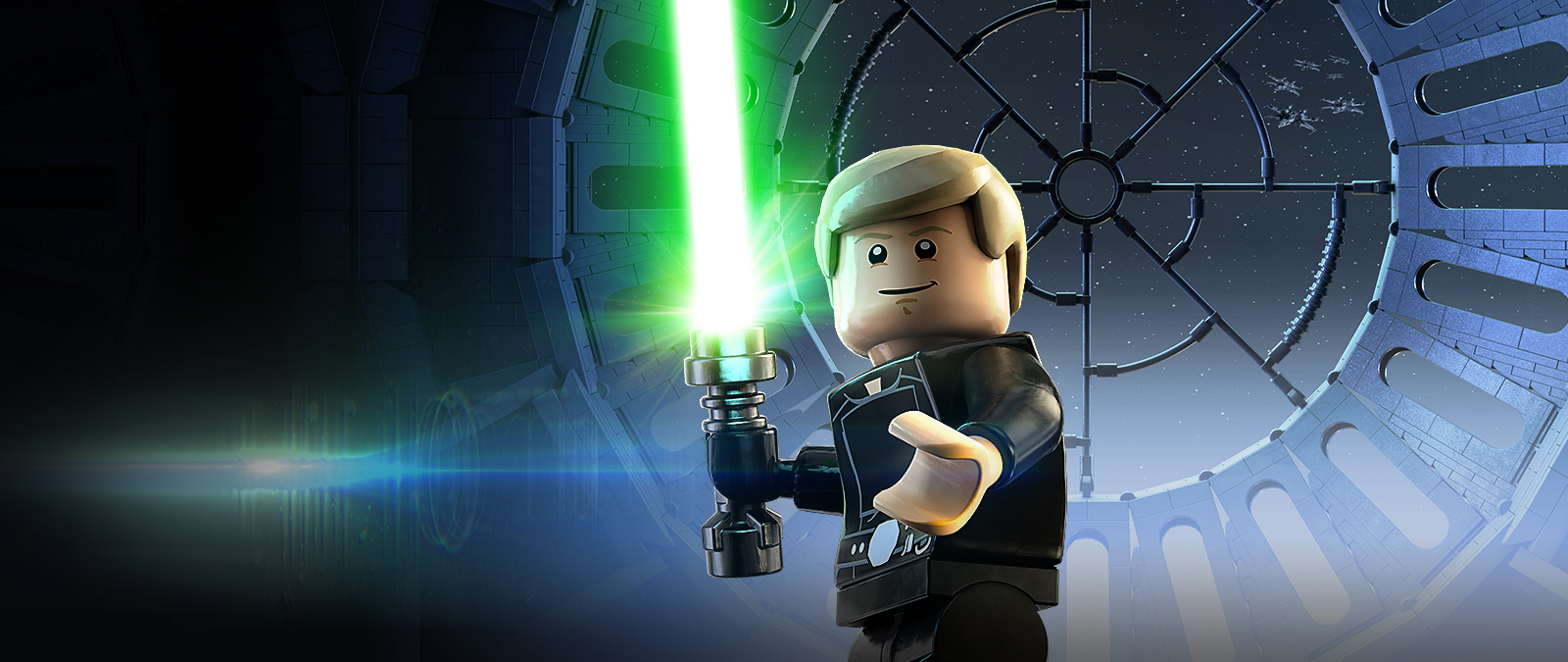 Luke Skywalker agita la sua spada laser sul ponte di osservazione della Morte Nera.