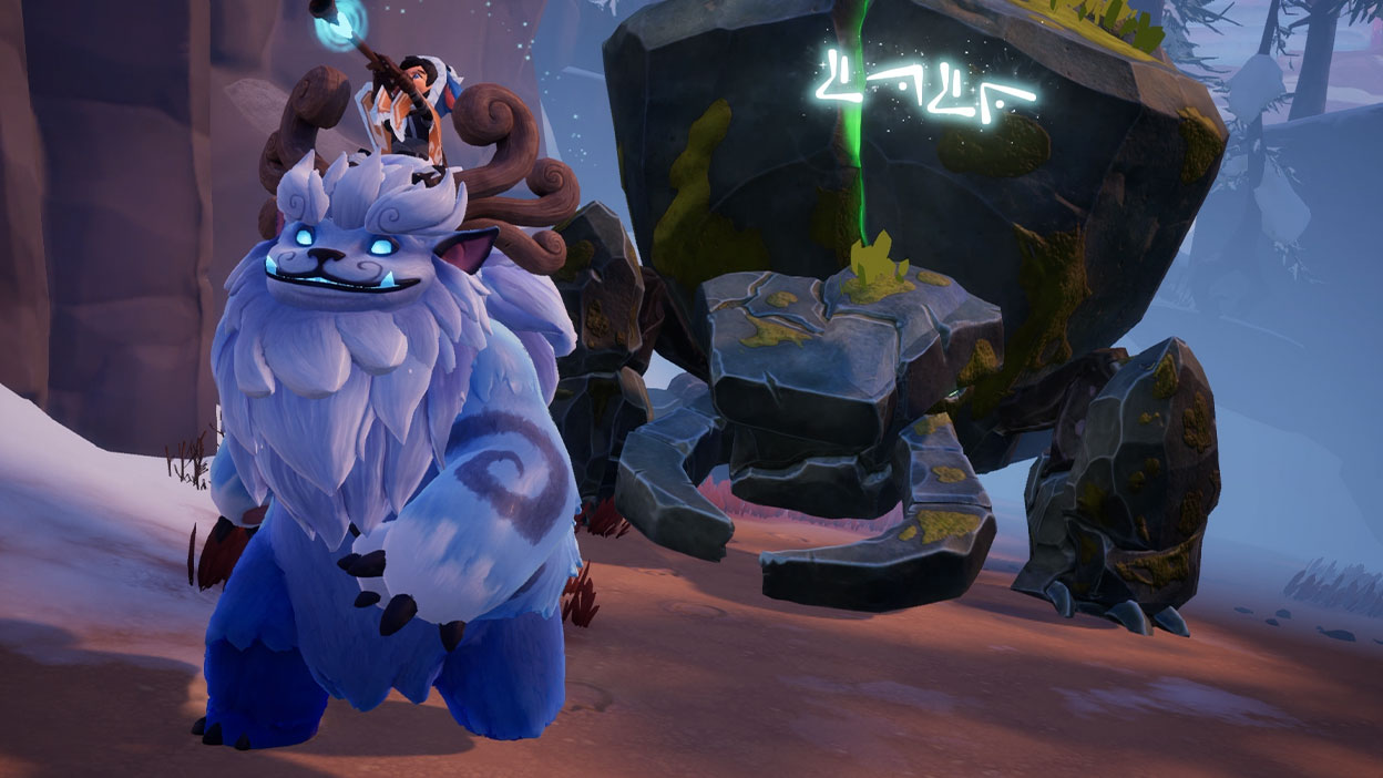 Nunu and Willump facing away from a large rock monster with markings on it